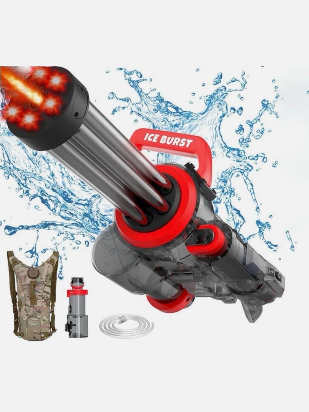 Electric Gatling Water Gun w/ Flash Lights – Automatic Blaster Black